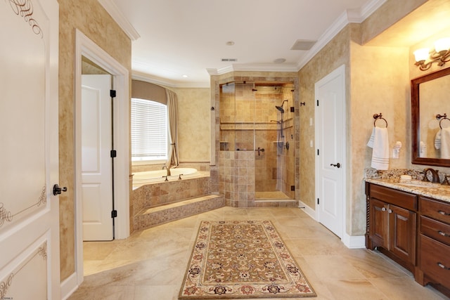 bathroom featuring crown molding, separate shower and tub, and vanity