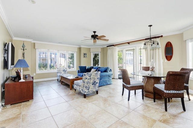 tiled living room featuring ceiling fan, plenty of natural light, and ornamental molding