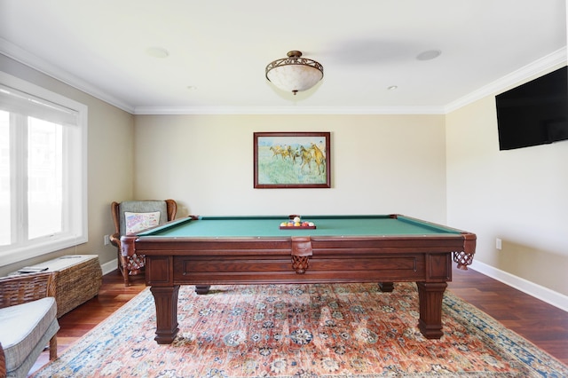 game room with dark wood-type flooring, crown molding, and billiards