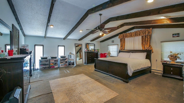 bedroom with a textured ceiling, ceiling fan, carpet flooring, and vaulted ceiling with beams