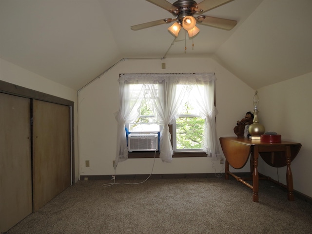 additional living space featuring ceiling fan, cooling unit, lofted ceiling, and carpet floors