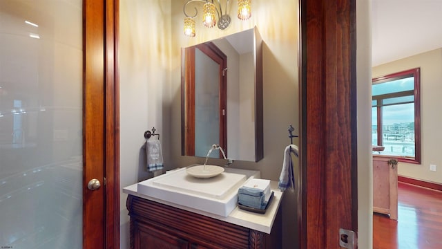 bathroom with wood-type flooring and vanity