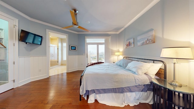 bedroom featuring ceiling fan, dark hardwood / wood-style flooring, and crown molding