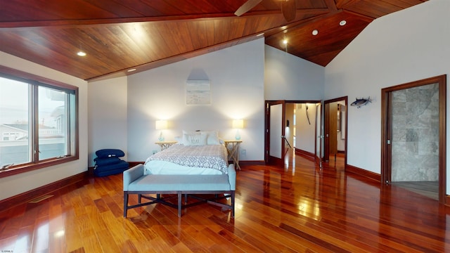 bedroom with lofted ceiling, wood-type flooring, and wood ceiling