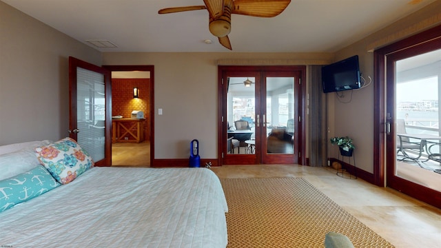 bedroom featuring ceiling fan, access to exterior, and french doors