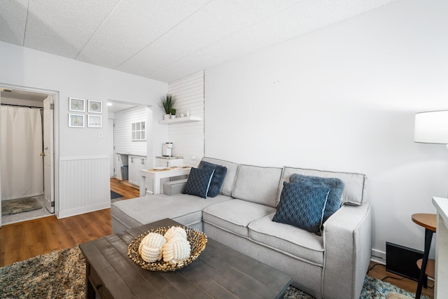 living room featuring hardwood / wood-style floors and a textured ceiling