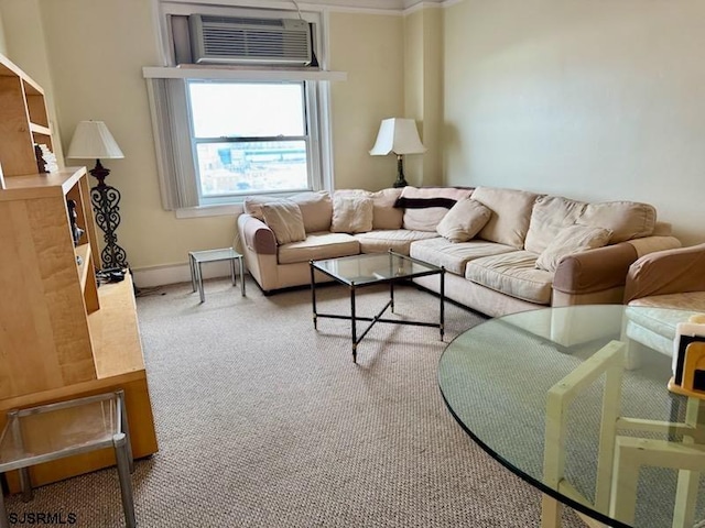 carpeted living room featuring a wall mounted AC