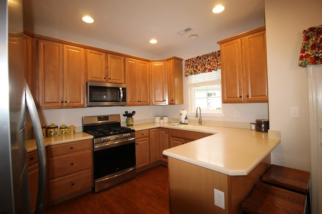 kitchen with appliances with stainless steel finishes, sink, dark hardwood / wood-style flooring, and kitchen peninsula