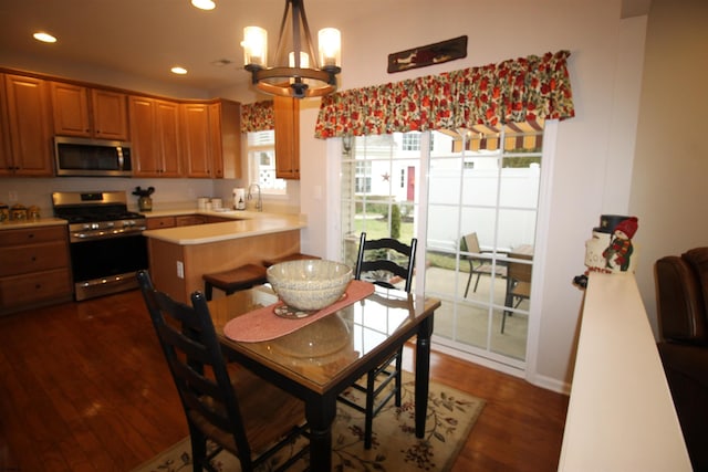 kitchen featuring decorative light fixtures, dark hardwood / wood-style flooring, a chandelier, kitchen peninsula, and stainless steel appliances