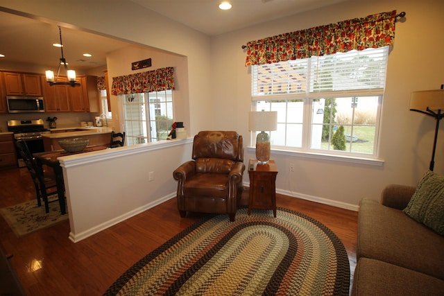 living area with dark hardwood / wood-style flooring, sink, and a chandelier