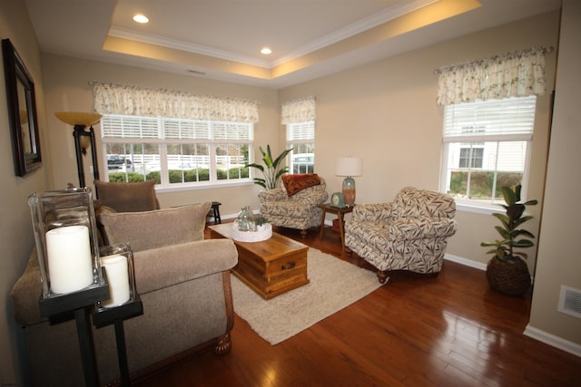 living area featuring dark wood-type flooring, crown molding, and a raised ceiling