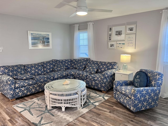 living room with ceiling fan and hardwood / wood-style flooring