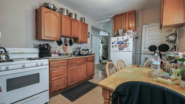 kitchen with light hardwood / wood-style floors, sink, and white appliances