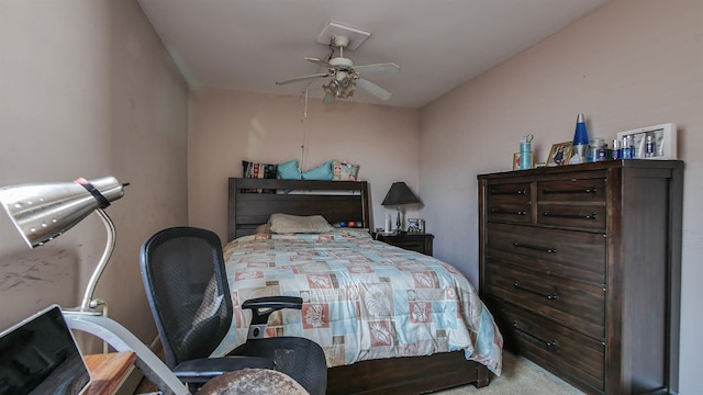 bedroom with ceiling fan and carpet