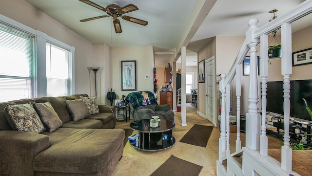 living room with ceiling fan