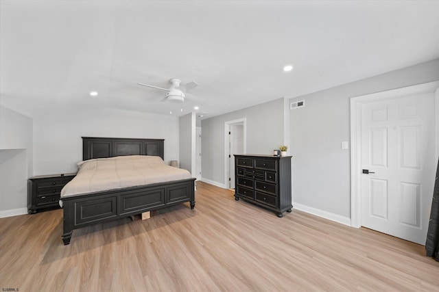 bedroom featuring ceiling fan and light hardwood / wood-style floors