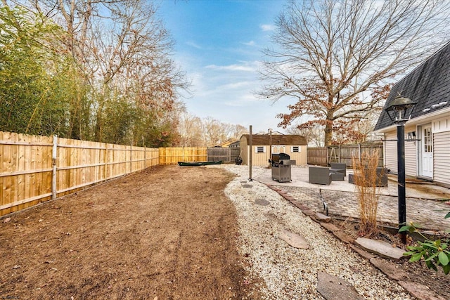 view of yard with an outdoor living space, a patio area, and a storage shed