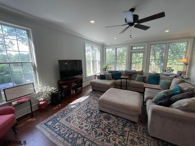 living room with dark hardwood / wood-style floors, ceiling fan, and ornamental molding