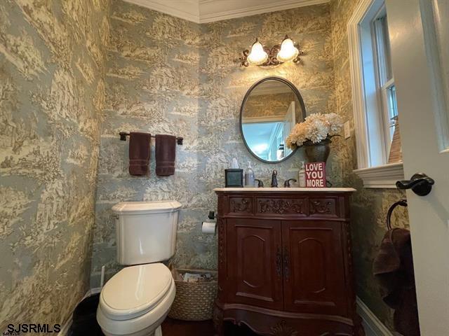 bathroom featuring toilet, vanity, and ornamental molding