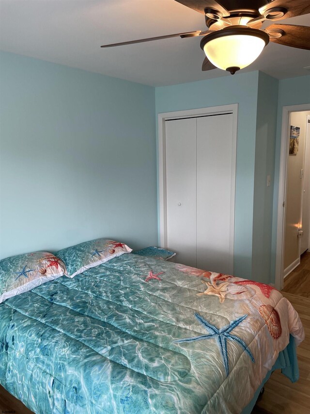 bedroom with a closet, ceiling fan, and hardwood / wood-style flooring