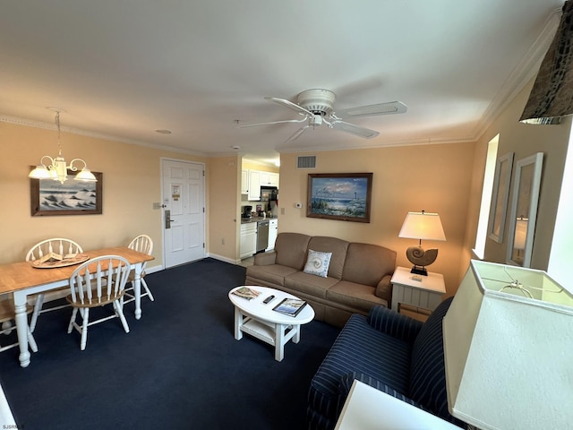 carpeted living room featuring ceiling fan with notable chandelier and crown molding