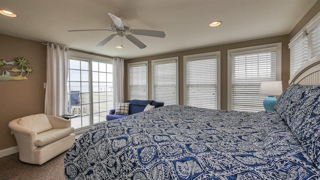 bedroom featuring a ceiling fan, recessed lighting, baseboards, and carpet floors