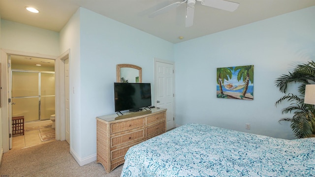 bedroom with ceiling fan, recessed lighting, and light carpet