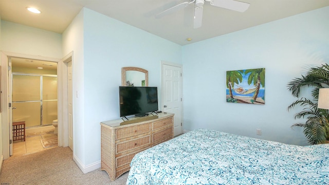 bedroom featuring recessed lighting, light carpet, and ceiling fan