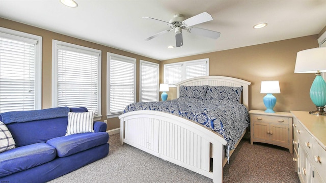 bedroom featuring recessed lighting, carpet floors, and ceiling fan