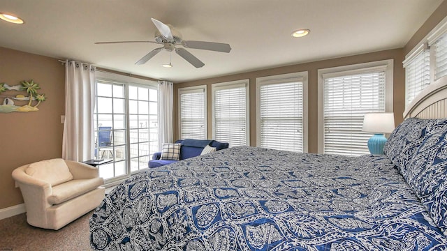 carpeted bedroom featuring recessed lighting, baseboards, and ceiling fan