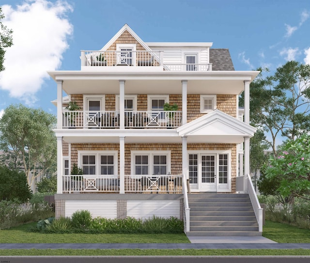 back of property featuring a balcony and a porch