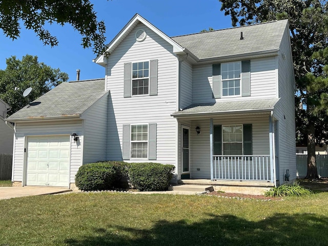 view of front facade featuring a garage, a porch, and a front lawn