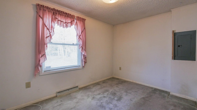 carpeted spare room featuring electric panel and a textured ceiling