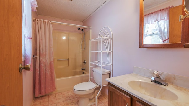 full bathroom featuring vanity, shower / bath combo, toilet, and a textured ceiling