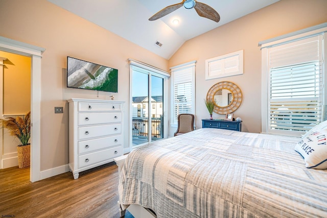 bedroom featuring vaulted ceiling, wood-type flooring, access to outside, and ceiling fan