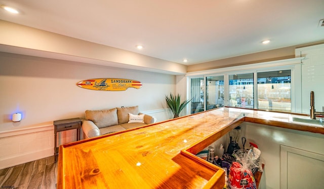 interior space featuring hardwood / wood-style flooring, sink, and wood counters