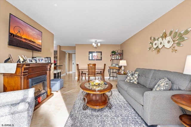 living room featuring a notable chandelier