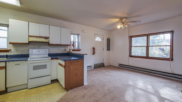 kitchen with white appliances, baseboard heating, white cabinetry, backsplash, and electric panel