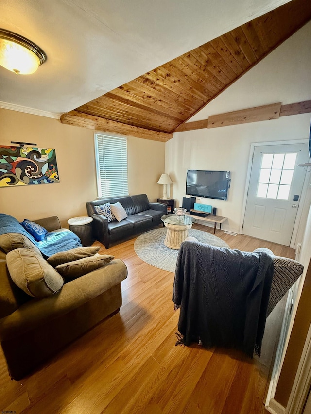 living room with hardwood / wood-style floors, wood ceiling, and vaulted ceiling