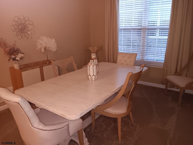 dining area featuring baseboards, a healthy amount of sunlight, and carpet flooring