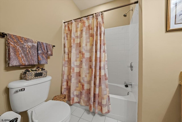 full bath with shower / bath combination with curtain, toilet, and tile patterned floors