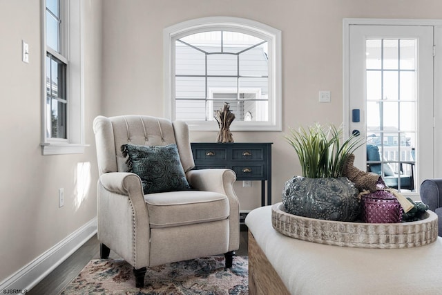 living area featuring plenty of natural light and dark wood-type flooring