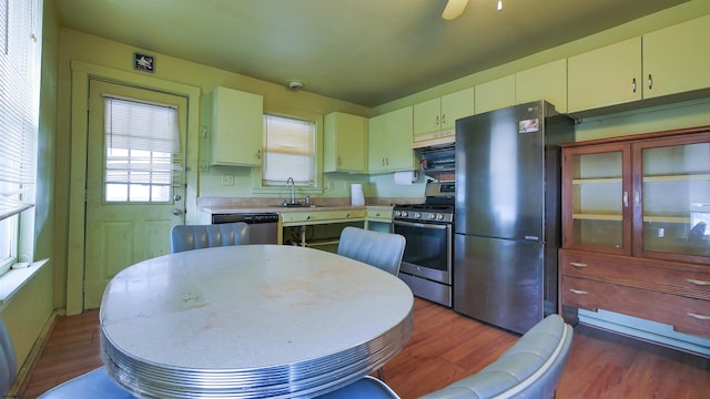 kitchen with appliances with stainless steel finishes, sink, and dark hardwood / wood-style floors