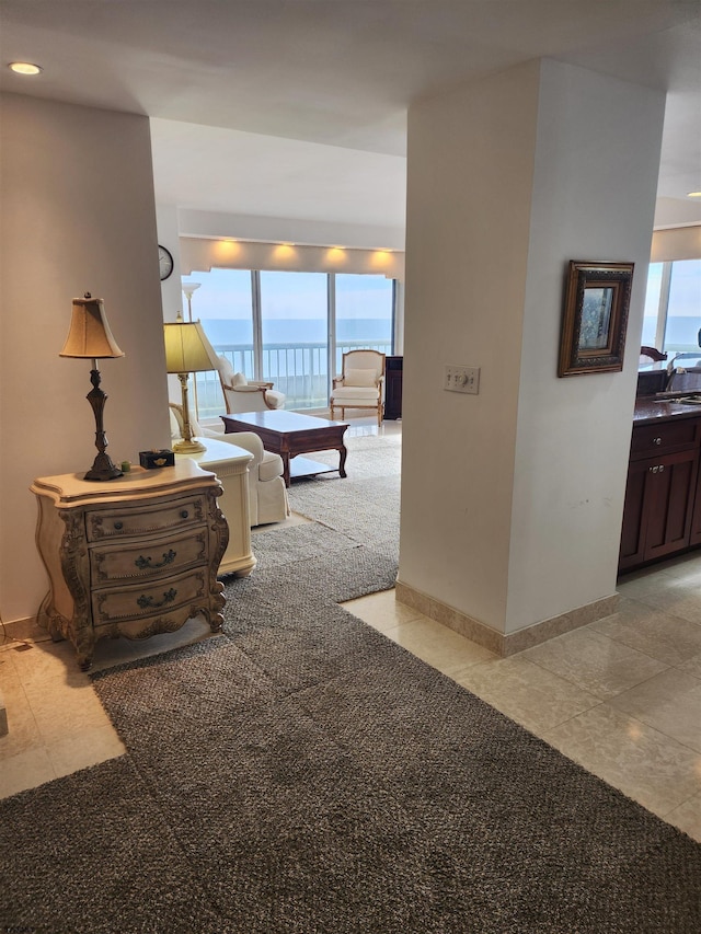 hall with sink, light colored carpet, and a water view