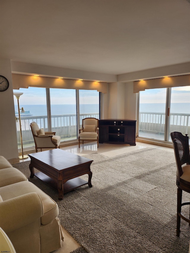 living room with a water view and carpet flooring