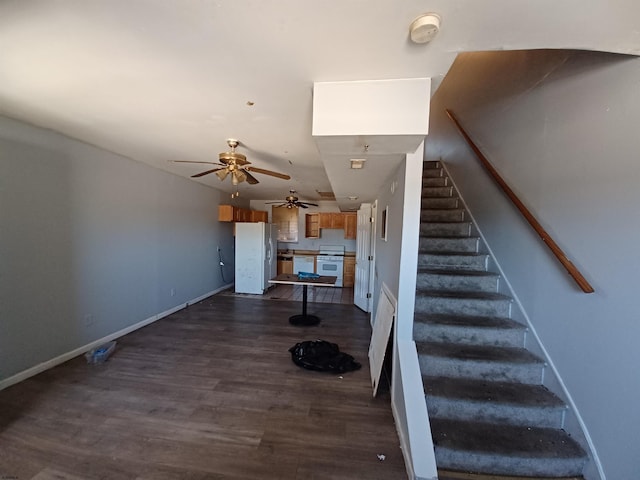 stairs with hardwood / wood-style flooring and ceiling fan