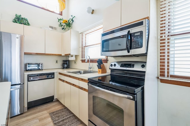 kitchen with sink, light hardwood / wood-style floors, white cabinets, and appliances with stainless steel finishes