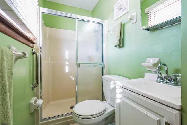 bathroom featuring vanity, toilet, and a shower with door