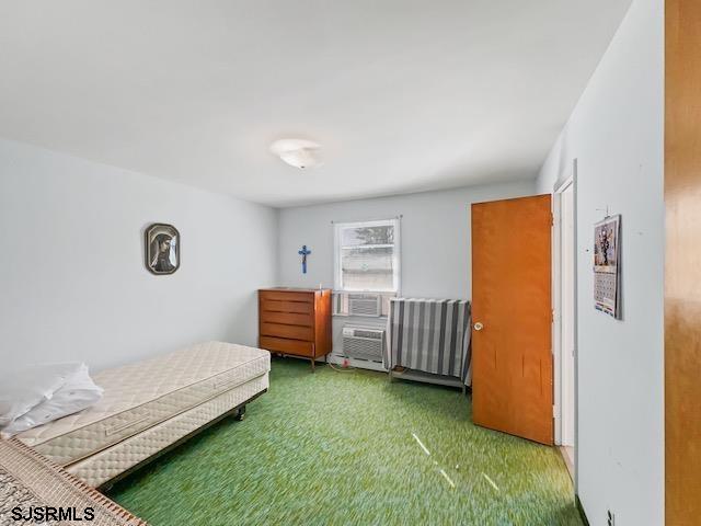 carpeted bedroom with radiator heating unit