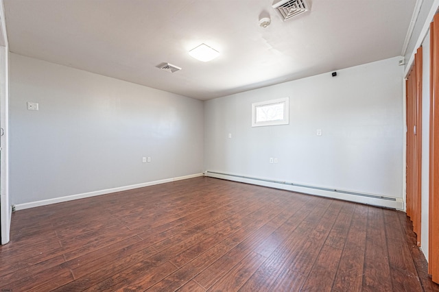 empty room with dark hardwood / wood-style flooring and a baseboard radiator